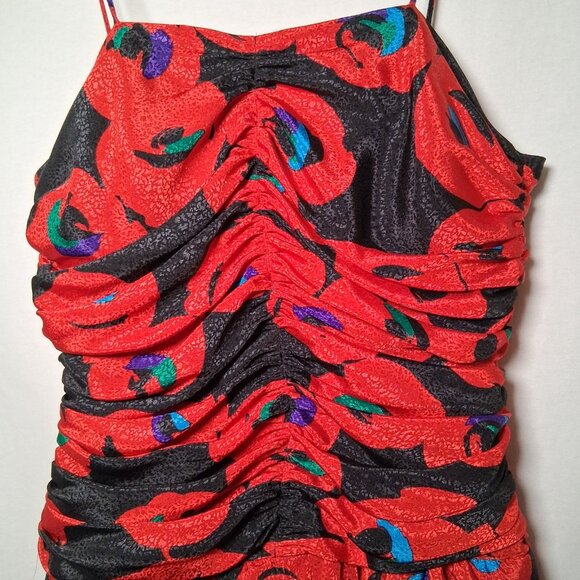 Vintage 1980s Party Dress Apostrophe 13/14 Red Black Floral Satin Sleeveless - Picture 6 of 16